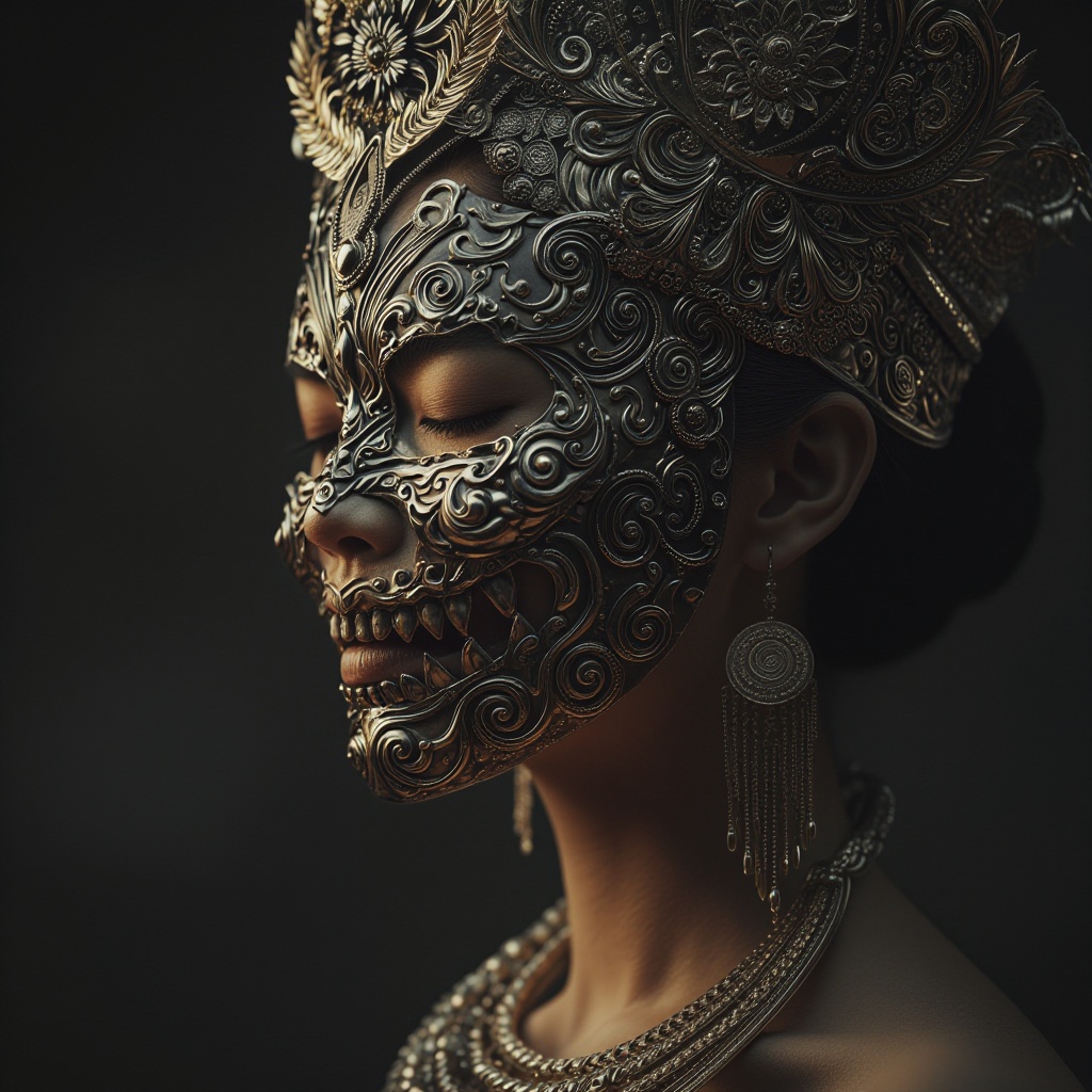 A side profile portrait of a asian woman with her right eye closed,  wearing an elaborate,  ornate silver mask that transf...