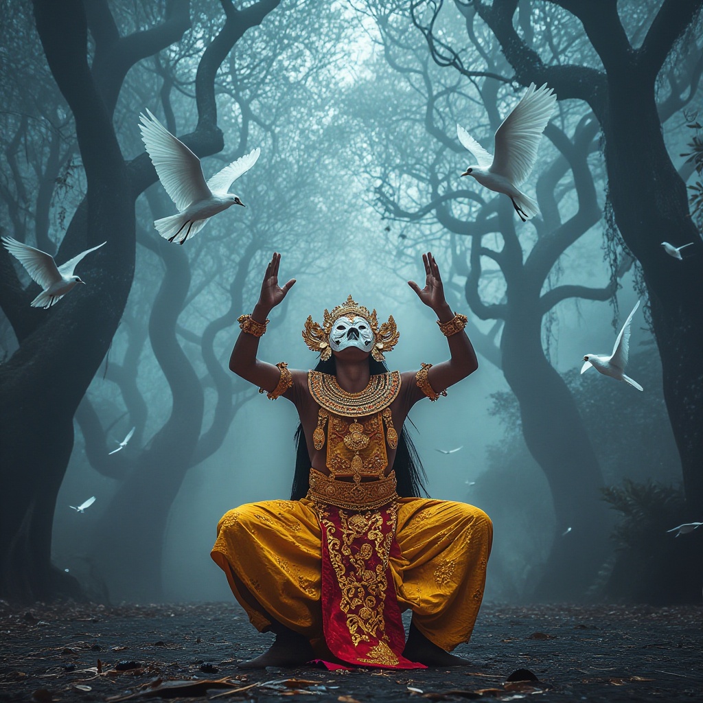 In a foggy enchanted forest of twisted trees,  a masked Balinese dancer in vibrant yellow and red costume raises his arms...