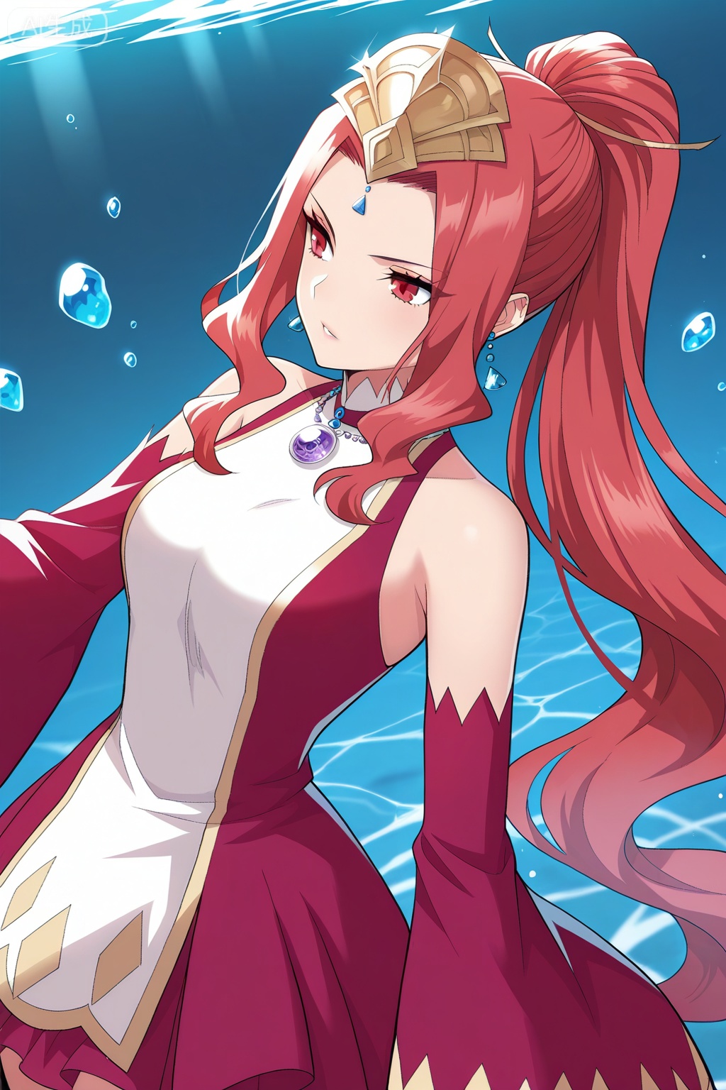 曹颖,masterpiece,best quality,official art,extremely detailed CG unity 8k wallpaper,1girl, solo, red eyes, sharp eyes, long hair, high ponytail, red hair, ahoge, hair ribbon, hair ornament, wavy hair, sidelocks, anime stylefantasy outfit, ornate dress, sleeveless dress, off shoulder, high collar, flared sleeves, asymmetrical skirt, short dress, wide sleeves, detached sleeves, red sleeves, ornate dress, gemstone necklace, tiara,forehead jewel, earrings, elegant, royal,
