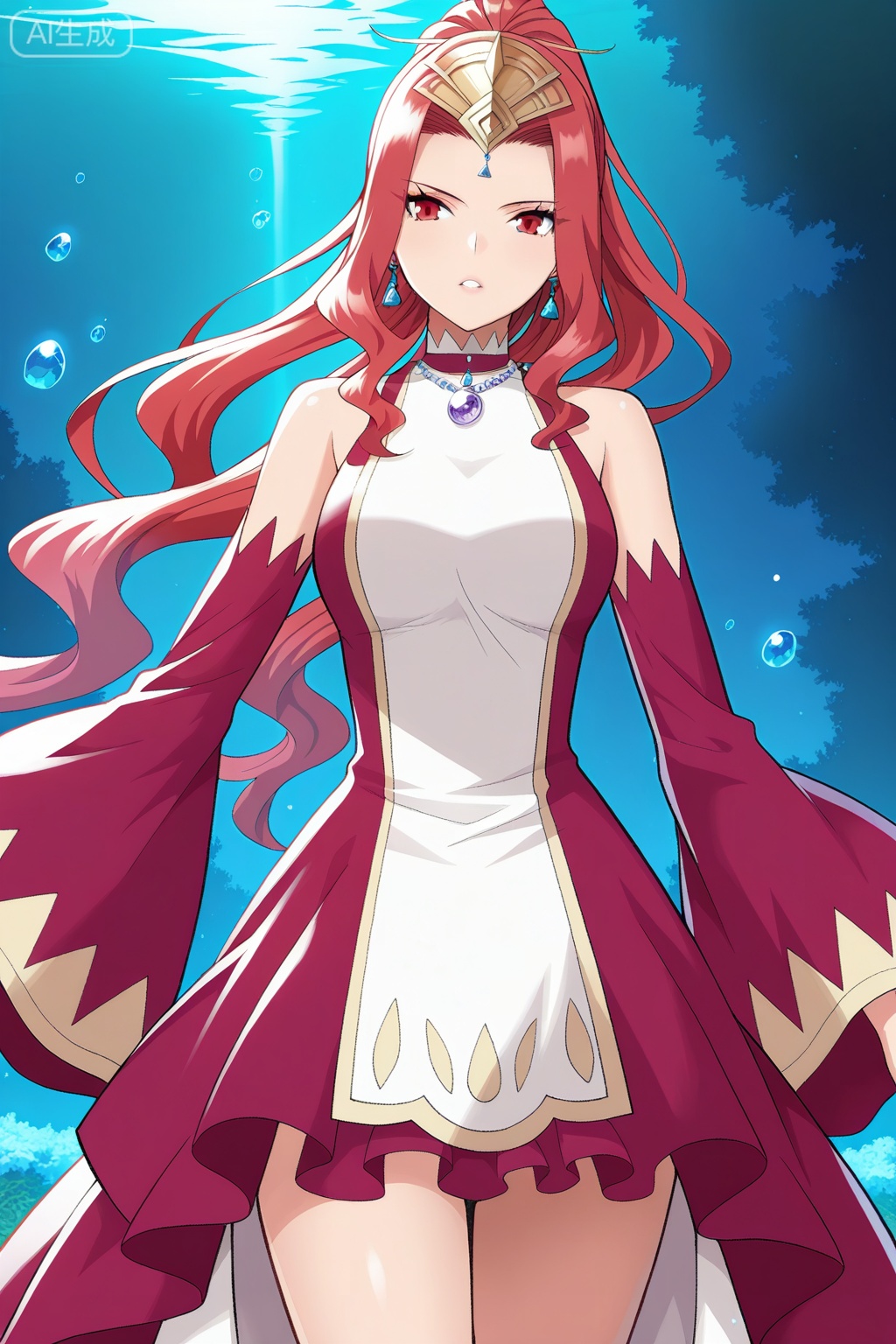 曹颖,masterpiece,best quality,official art,extremely detailed CG unity 8k wallpaper,1girl, solo, red eyes, sharp eyes, long hair, high ponytail, red hair, ahoge, hair ribbon, hair ornament, wavy hair, sidelocks, anime stylefantasy outfit, ornate dress, sleeveless dress, off shoulder, high collar, flared sleeves, asymmetrical skirt, short dress, wide sleeves, detached sleeves, red sleeves, ornate dress, gemstone necklace, tiara,forehead jewel, earrings, elegant, royal,