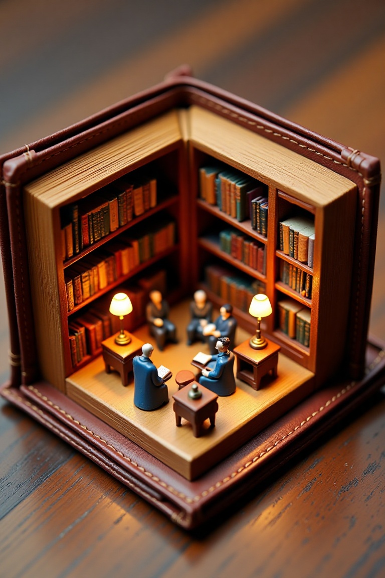 The image depicts a miniature scene of a cozy library. The library is contained within a small,  open leather-bound book,...