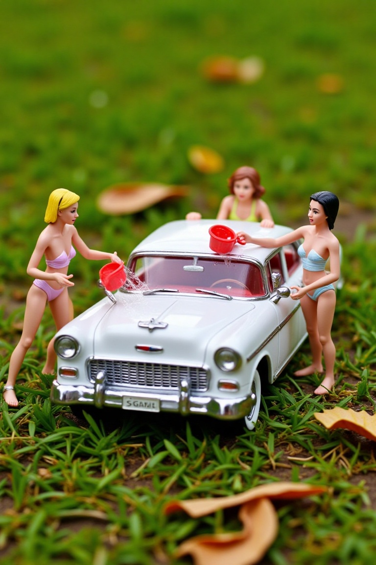 The image depicts a miniature scene where three women are washing a white car. The car is detailed with classic features,...