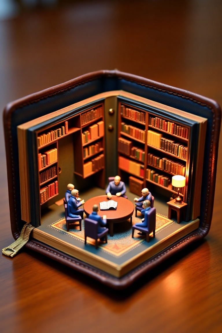 The image depicts a miniature scene of a cozy library. The library is contained within a small,  open leather-bound book,...