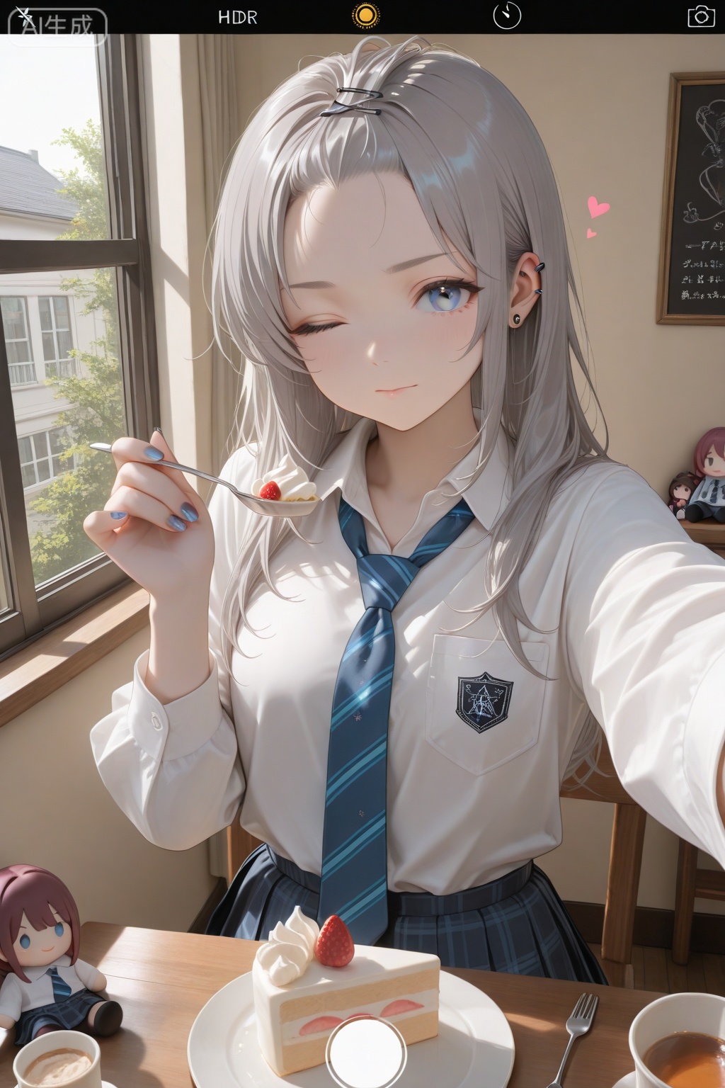 masterpiece, best quality, amazing quality, very aesthetic, absurdres, newest,1girl, ayami59266, bangs pinned back, blue nails, blue necktie, breast pocket, cake, character doll, closed mouth, cup, diagonal-striped clothes, diagonal-striped necktie, doll, dress shirt, ear piercing, fake phone screenshot, fake screenshot, food, fork, grey eyes, grey hair, grey nails, hair ornament, hairclip, heart, indoors, long hair, multicolored nails, nail polish, necktie, one eye closed, parallel hairclips, piercing, pocket, school uniform, selfie, shirt, spoon, striped clothes, white shirt, window, iseri nina, kawaragi momoka