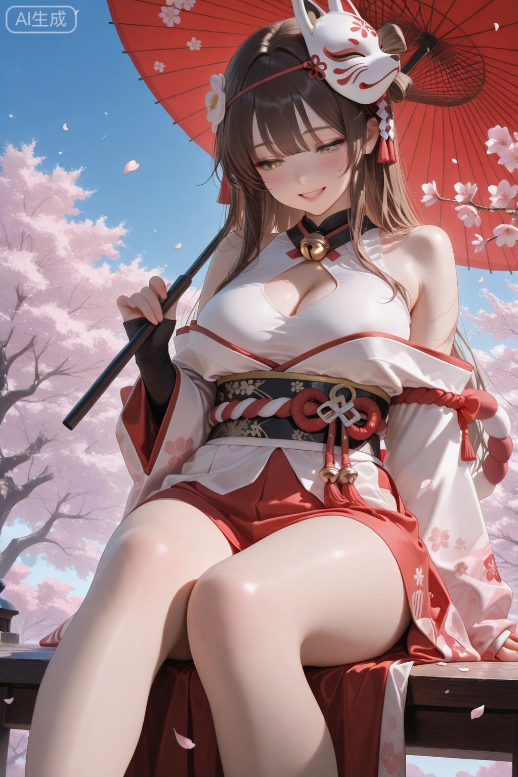 masterpiece, best quality, amazing quality, very aesthetic, absurdres, newest,1girl, bare shoulders, bell, blue sky, blush, branch, brown hair, cherry blossoms, cleavage cutout, clothing cutout, falling petals, feet, feet out of frame, gold, japanese clothes, kimono, kouhaku nawa, lips, long hair, looking down, mask, mask on head, petals, shimenawa, sitting, sky, sleeves past wrists, smile, soles, teeth, tree, umbrella, yellow eyes