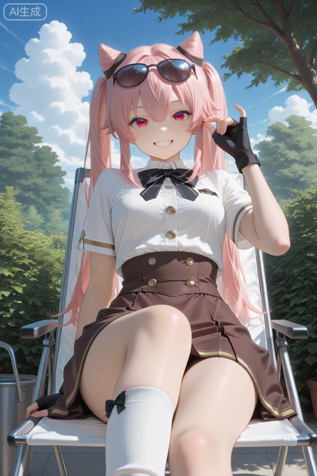 masterpiece, best quality, amazing quality, very aesthetic, absurdres, newest,1girl, adjusting eyewear, black bow, black gloves, blue sky, bow, bow legwear, brown eyes, brown skirt, buttons, chair, cloud, deck chair, dot nose, eyewear on head, fingerless gloves, folding chair, gloves, grin, hair horns, hand on eyewear, long hair, looking at viewer, on chair, osafune girls academy school uniform, outdoors, pink hair, pinky out, reclining, school uniform, shirt, short sleeves, sitting, skirt, sky, smile, socks, solo, summer uniform, sunglasses, sunlight, tree, twintails, white shirt, white socks, mashiko kaoru
