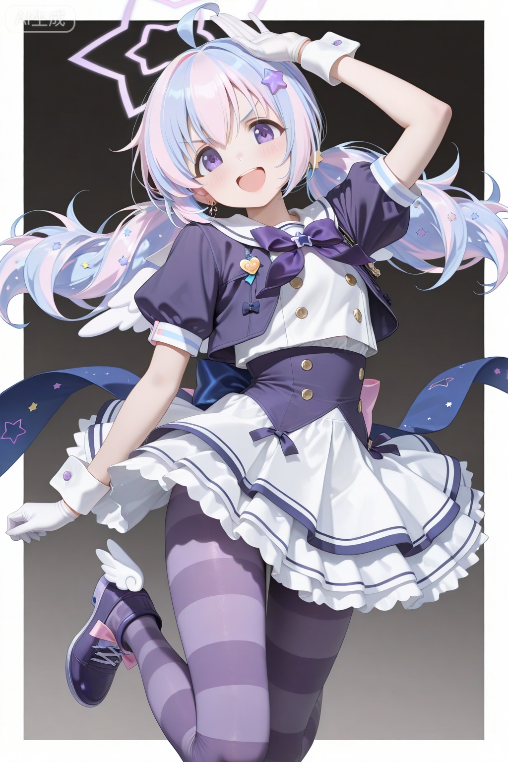 masterpiece, best quality, amazing quality, very aesthetic, absurdres, newest,1girl, :d, ahoge, back bow, blush, border, bow, bowtie, cropped jacket, drill hair, earrings, eyes visible through hair, gloves, gradient background, grey background, hair ornament, halo, hand on own head, head tilt, jacket, jewelry, jumping, layered skirt, long hair, looking at viewer, magical girl, multicolored hair, official alternate costume, official alternate hairstyle, open mouth, outside border, pantyhose, pink bow, pink hair, puffy short sleeves, puffy sleeves, purple bow, purple bowtie, purple eyes, purple hair, purple halo, purple jacket, purple pantyhose, purple shoes, shirt, shoes, short sleeves, skirt, smile, solo, star (symbol), star earrings, star hair ornament, striped clothes, striped pantyhose, twin drills, twintails, two-tone hair, v-shaped eyebrows, white border, white gloves, white shirt, white skirt, white wrist cuffs, wind, wind lift, wing hair ornament, winged shoes, wings, wrist cuffs, reisa (blue archive), reisa (magical) (blue archive)