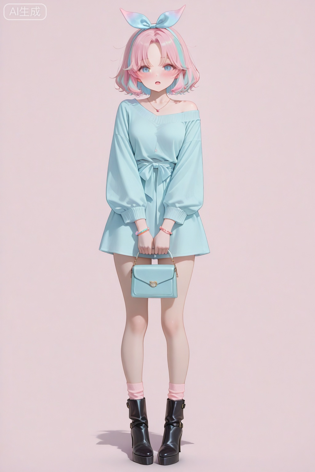 masterpiece, best quality, amazing quality, very aesthetic, absurdres, newest,1girl, blush, boots, bow, bracelet, full body, hair bow, hair ornament, hair ribbon, high heels, holding, jewelry, long sleeves, multicolored hair, necklace, off shoulder, open mouth, parted bangs, pastel colors, pink hair, ribbon, shoes, short hair, simple background, socks, standing, straight-on