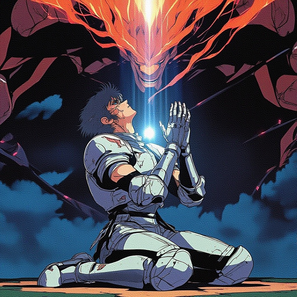 retro_cyberpunk,  retro,  retro artstyle A fallen knight kneels in battered armor on Tensor.Art
