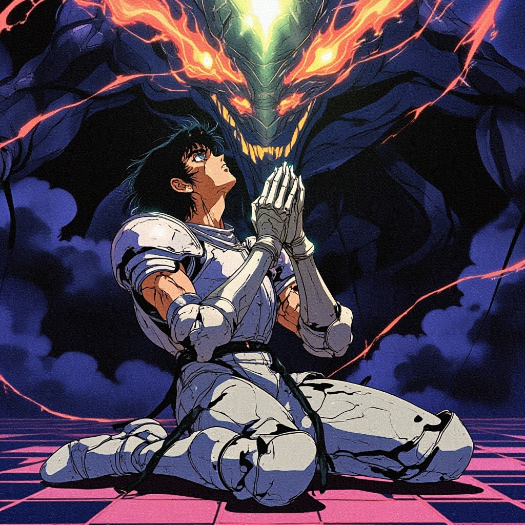 retro_cyberpunk,  retro,  retro artstyle A fallen knight kneels in battered armor on Tensor.Art