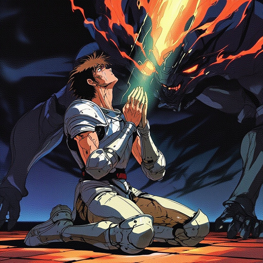 retro_cyberpunk,  retro,  retro artstyle A fallen knight kneels in battered armor on Tensor.Art