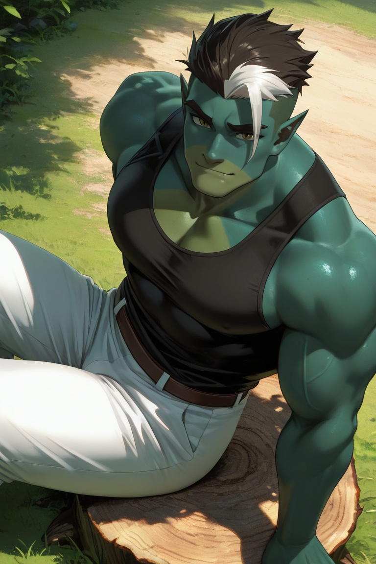 FjordStone_half-orc_1male focus,  black-white_FjordStone_hair,  yellow_fjordstone_eyes on Tensor.Art