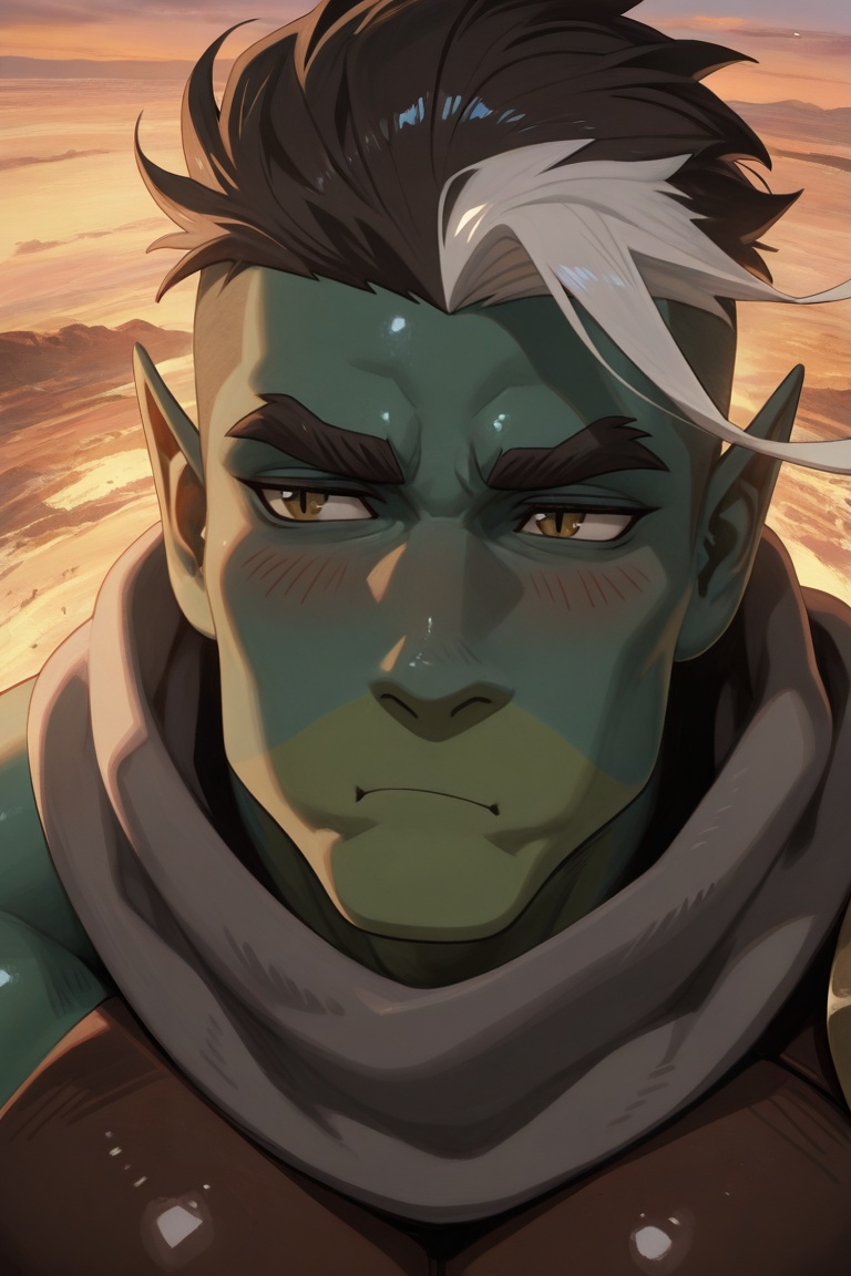 FjordStone_half-orc_1male focus,  black-white_FjordStone_hair,  yellow_fjordstone_eyes on Tensor.Art