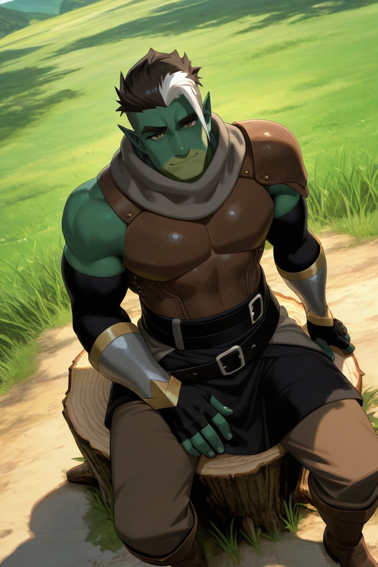 FjordStone_half-orc_1male focus,  black-white_FjordStone_hair,  yellow_fjordstone_eyes on Tensor.Art