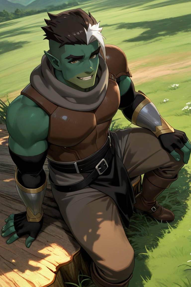 FjordStone_half-orc_1male focus,  black-white_FjordStone_hair,  yellow_fjordstone_eyes on Tensor.Art