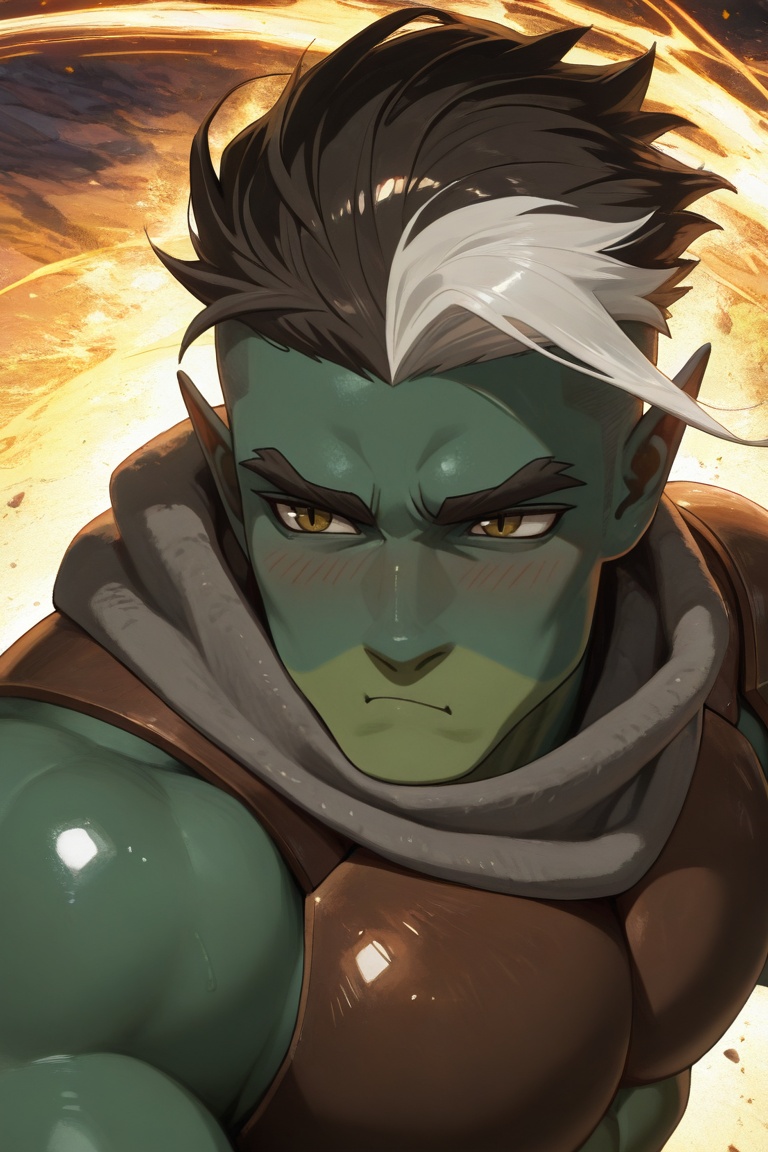 FjordStone_half-orc_1male focus,  black-white_FjordStone_hair,  yellow_fjordstone_eyes on Tensor.Art