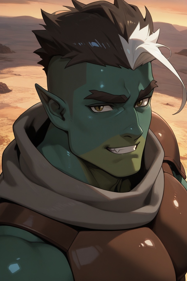 FjordStone_half-orc_1male focus,  black-white_FjordStone_hair,  yellow_fjordstone_eyes on Tensor.Art