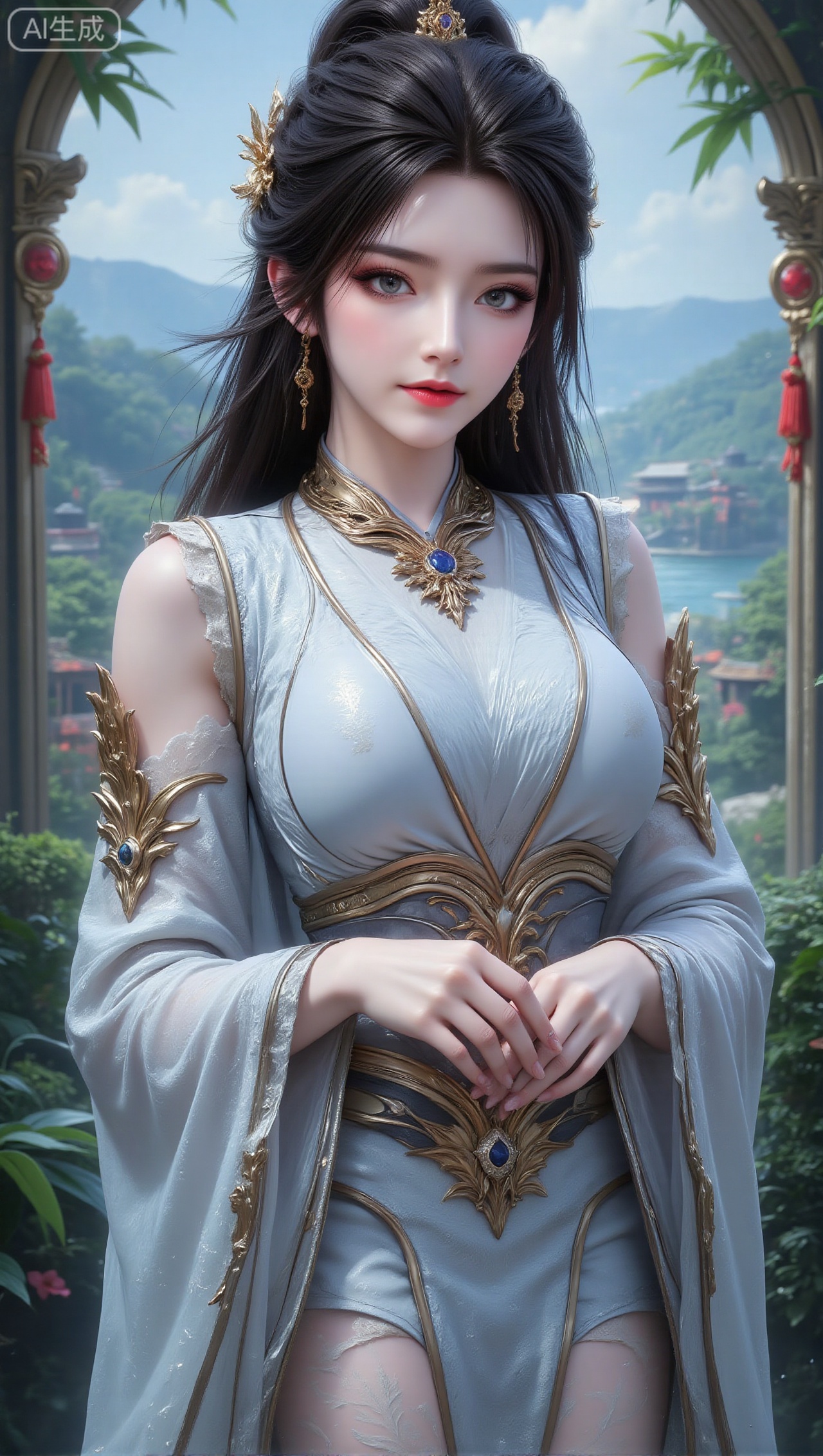 Panoramic portrait, a woman wearing an ancient fairy costume with light blue as the main color and exquisite golden patterns. The shoulders of the dress are gorgeously decorated, and the sleeves are decorated with lace details. She wears a gold necklace inlaid with sapphires and earrings of the same design. Her long black hair is tied high and embellished with gold hair accessories. The woman holds a round fan to partially cover her face. She is in an environment surrounded by green bamboo. There are green mountains and Chinese-style buildings in the background, as well as clear blue sky and water scenery.