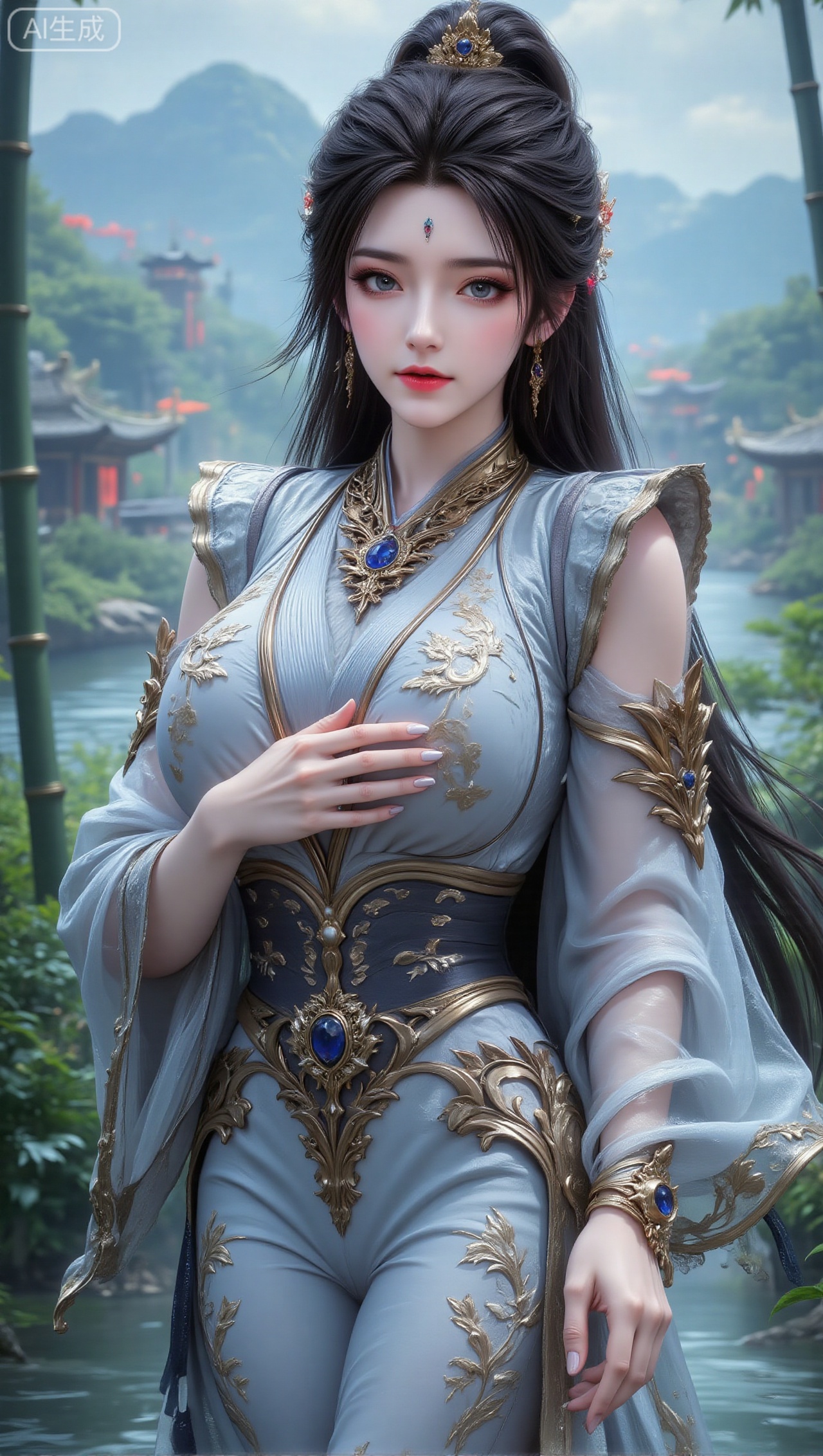 Panoramic portrait, a woman wearing an ancient fairy costume with light blue as the main color and exquisite golden patterns. The shoulders of the dress are gorgeously decorated, and the sleeves are decorated with lace details. She wears a gold necklace inlaid with sapphires and earrings of the same design. Her long black hair is tied high and embellished with gold hair accessories. The woman holds a round fan to partially cover her face. She is in an environment surrounded by green bamboo. There are green mountains and Chinese-style buildings in the background, as well as clear blue sky and water scenery.