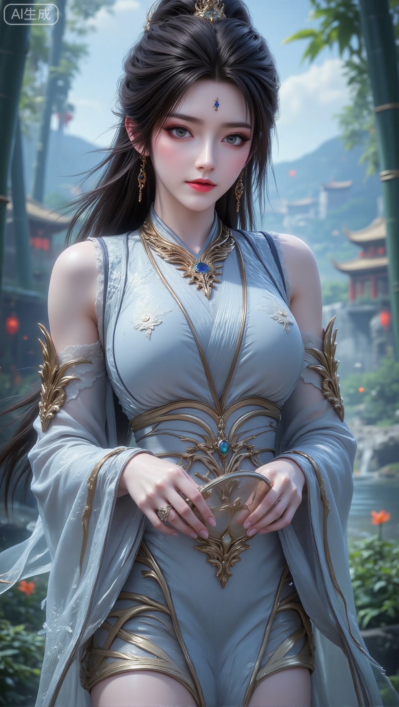 Panoramic portrait, a woman wearing an ancient fairy costume with light blue as the main color and exquisite golden patterns. The shoulders of the dress are gorgeously decorated, and the sleeves are decorated with lace details. She wears a gold necklace inlaid with sapphires and earrings of the same design. Her long black hair is tied high and embellished with gold hair accessories. The woman holds a round fan to partially cover her face. She is in an environment surrounded by green bamboo. There are green mountains and Chinese-style buildings in the background, as well as clear blue sky and water scenery.