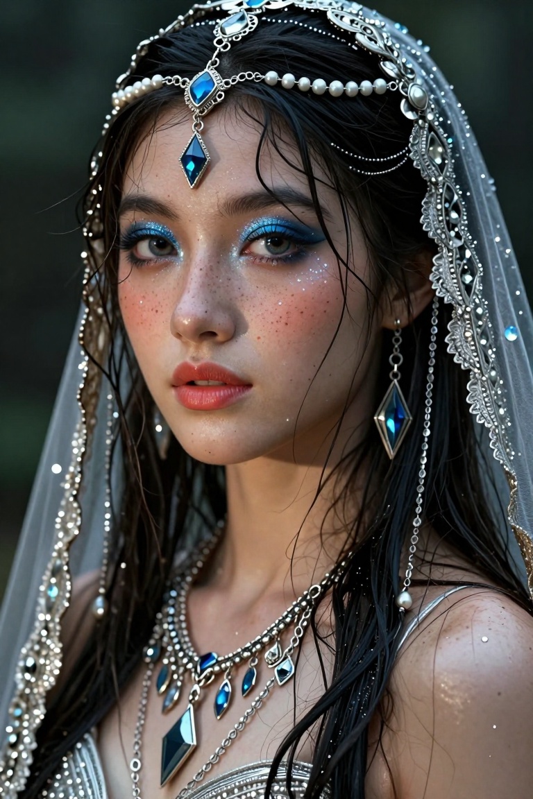 A breathtakingly beautiful young woman captured in an extreme close-up portrait,  her face illuminated by soft,  ethereal...