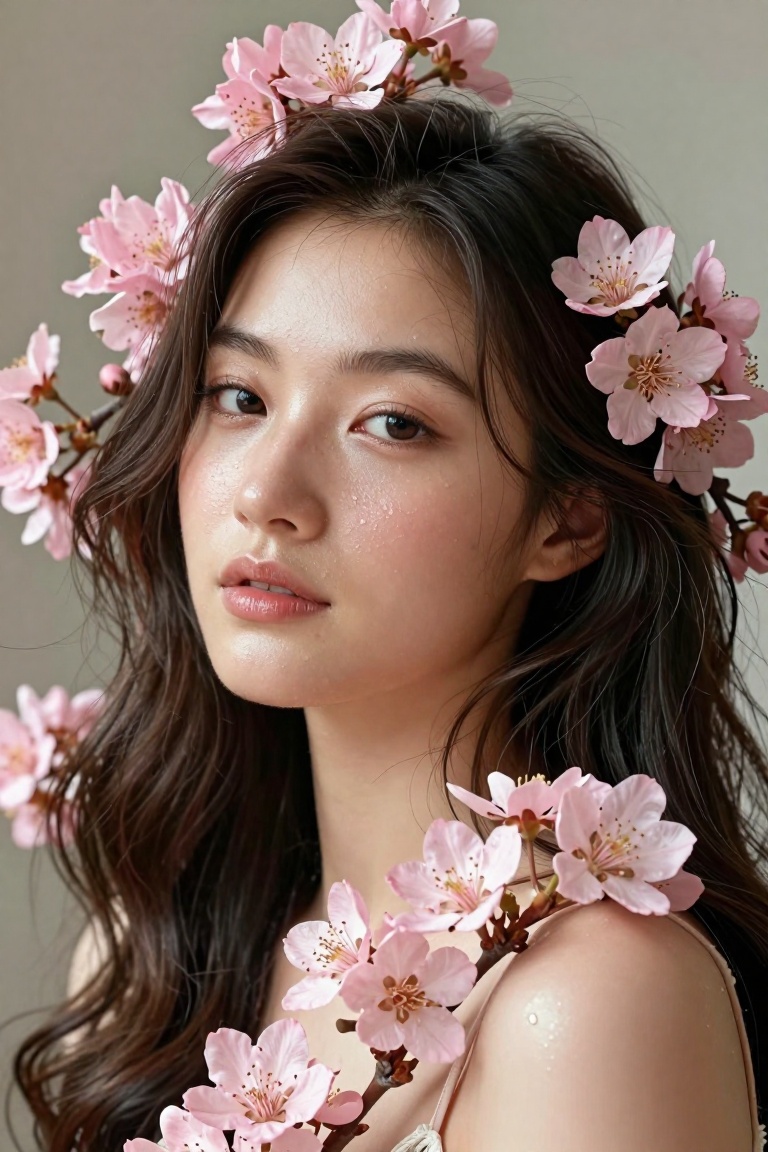 a serene and ethereal scene with a young asian woman surrounded by delicate pink flowers. Her skin is smooth and glistenin...