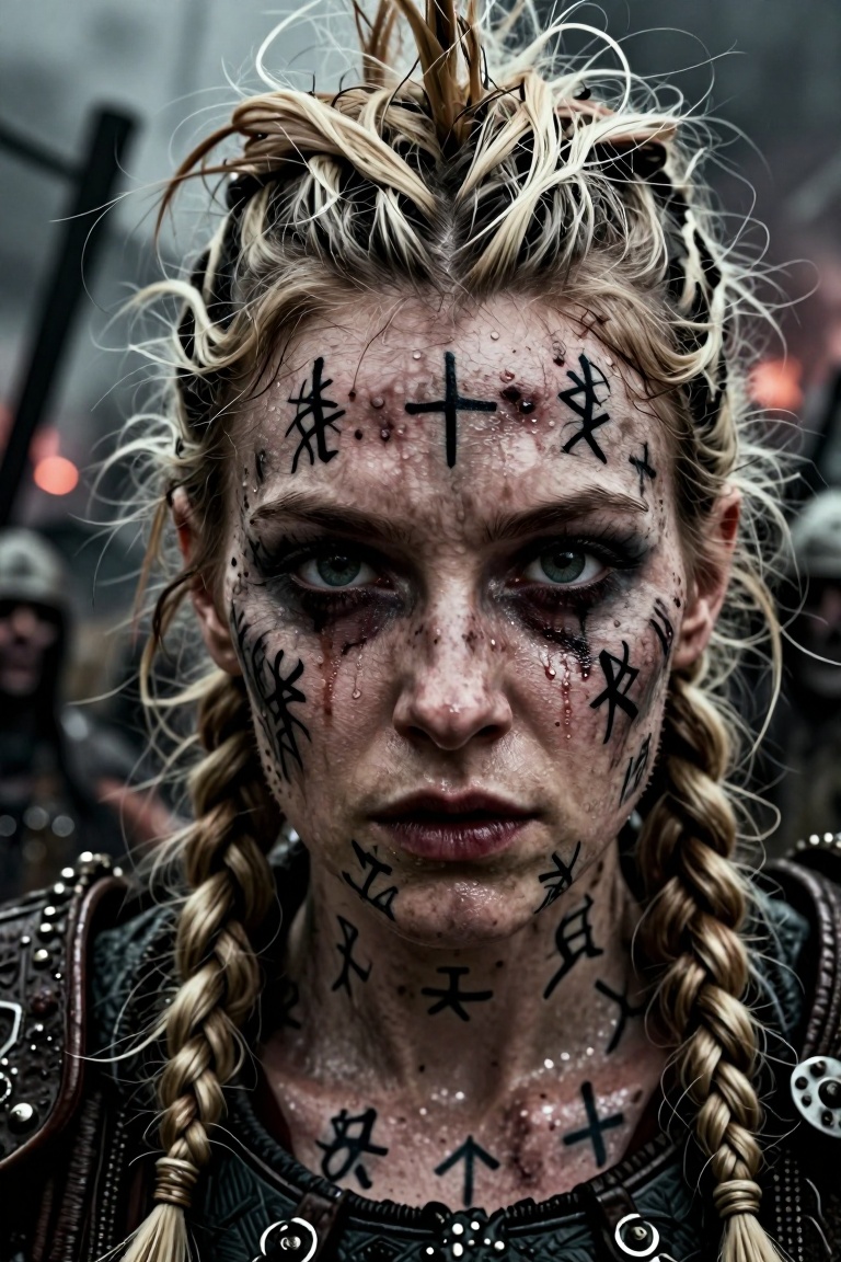 Horror-themed of nordic woman,  ,  mohawk blonde haircut wit thin braids on Tensor.Art