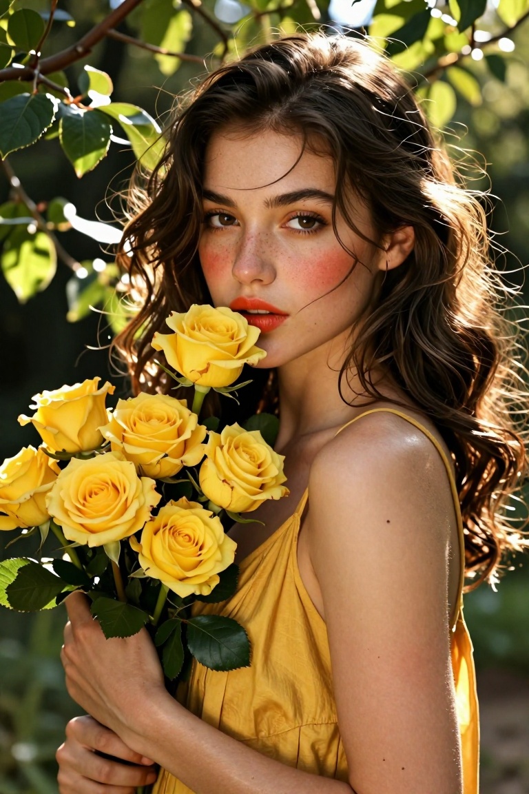 A breathtakingly beautiful young woman standing among lush green foliage,  her face partially framed by delicate leaves an...