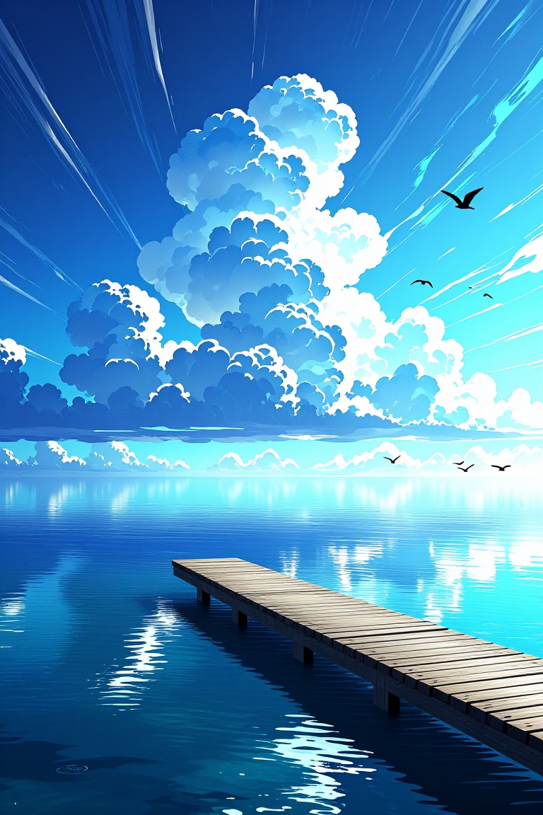 The image depicts a serene and picturesque scene. A wooden pier extends into a reflective body of water,  creating a mirro...