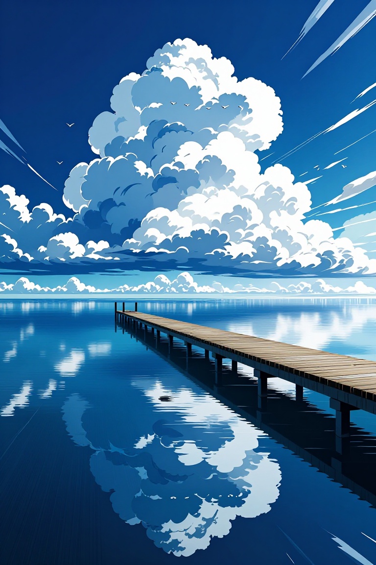 The image depicts a serene and picturesque scene. A wooden pier extends into a reflective body of water,  creating a mirro...