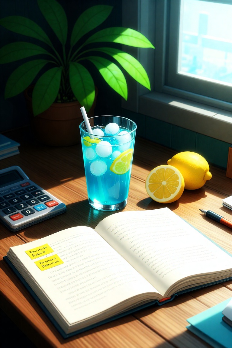 The image depicts a serene and organized workspace with a focus on natural light and greenery. A glass of blue liquid,  li...