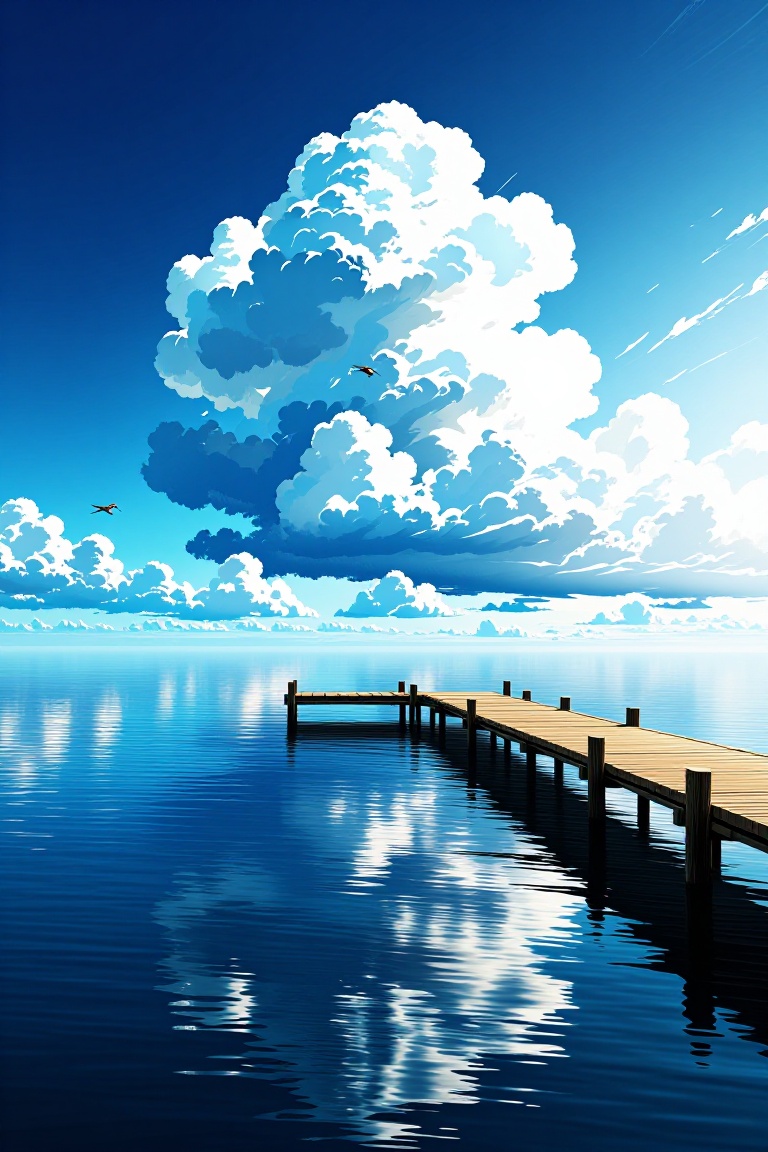The image depicts a serene and picturesque scene. A wooden pier extends into a reflective body of water,  creating a mirro...