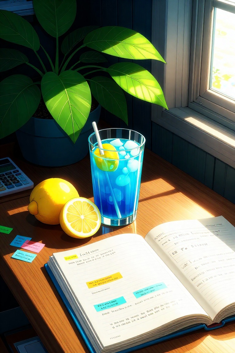The image depicts a serene and organized workspace with a focus on natural light and greenery. A glass of blue liquid,  li...