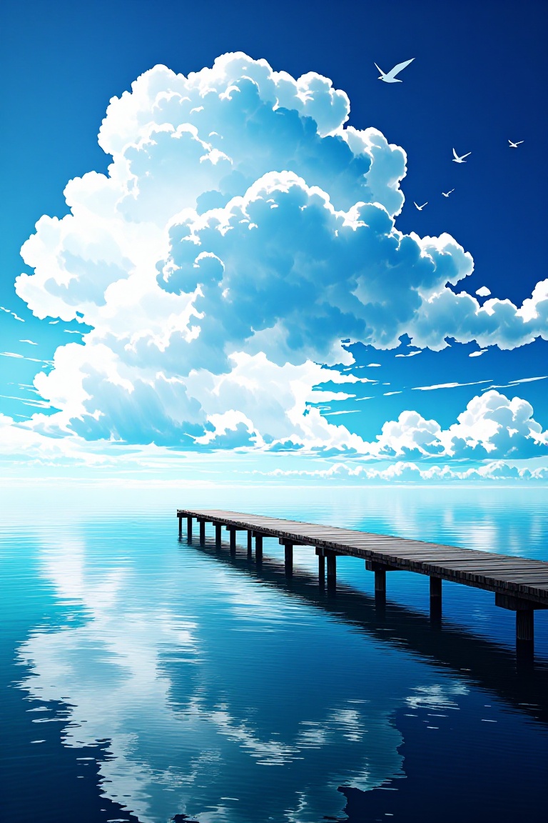 The image depicts a serene and picturesque scene. A wooden pier extends into a reflective body of water,  creating a mirro...