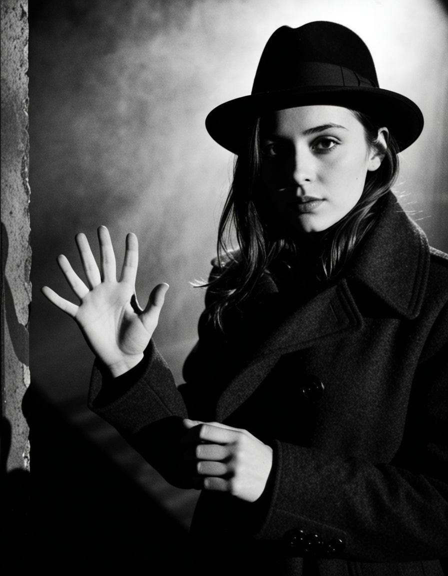 ehnoir3,  girl with fedora hat and trenchcoat,  looking at camera making gestures with hands on Tensor.Art