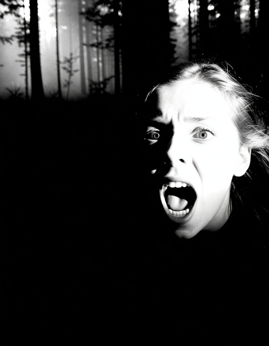 ehnoir3,  girl screaming at camera,  forest on Tensor.Art