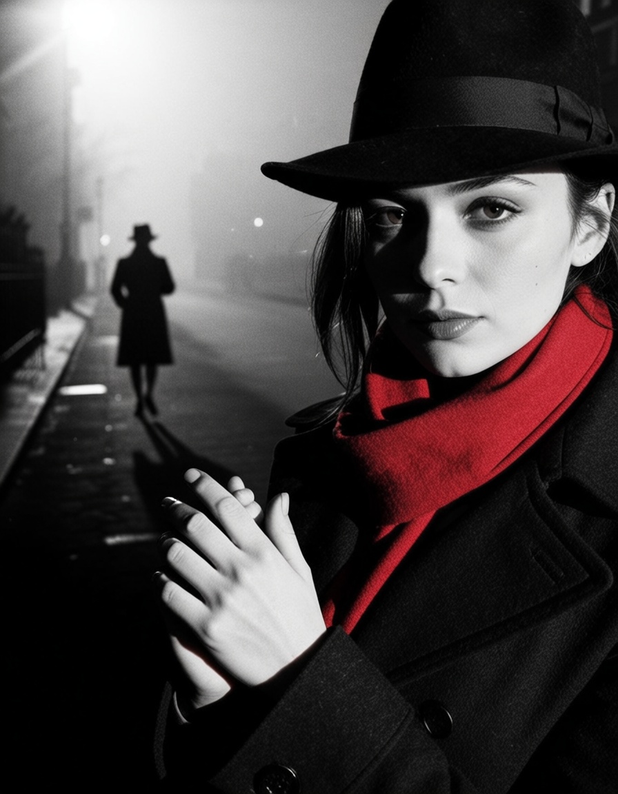 ehnoir3,  girl with fedora hat and trenchcoat,  a red scarf on Tensor.Art