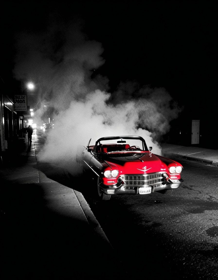ehnoir3,  red cadillac in the street,  smoke on Tensor.Art