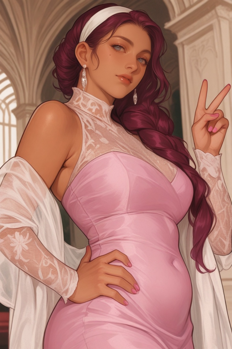 a mature woman with burgundy hair,  stylized with a honeycomb hairstyle. deep purple eyes,  wears pink make-up on Tensor.Art