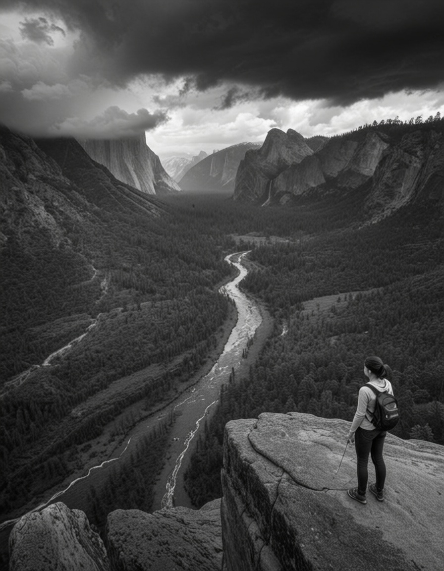 ehansel,  1girl standing on massive granite cliff,  epic yosemite valley below on Tensor.Art