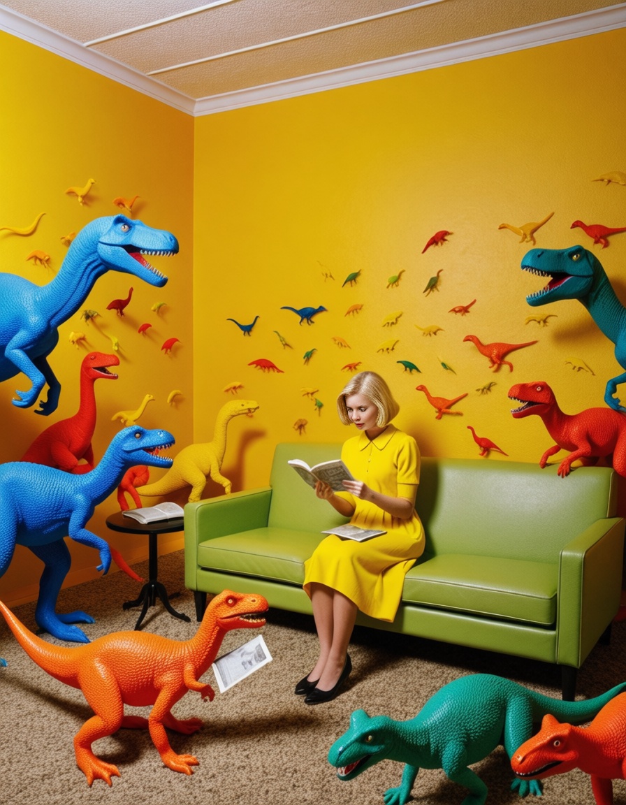 ehsandy,  living room filled wall-to-wall with thousands of lime-green plastic dinosaurs,  woman in yellow dress reading n...