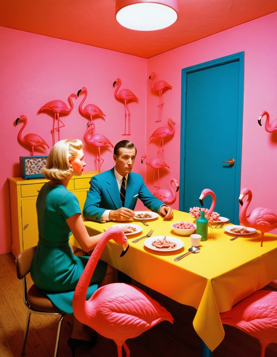 ehsandy,  1950s family having dinner while hundreds of pink flamingos stand on the table,  radioactive green fries everywh...
