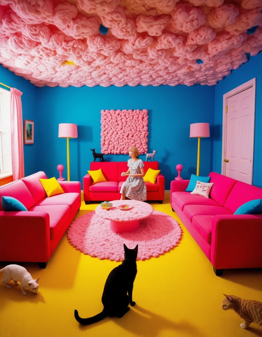 ehsandy,  woman vacuuming living room filled floor-to-ceiling with bright pink cotton candy clouds,  cat sitting on sofa o...