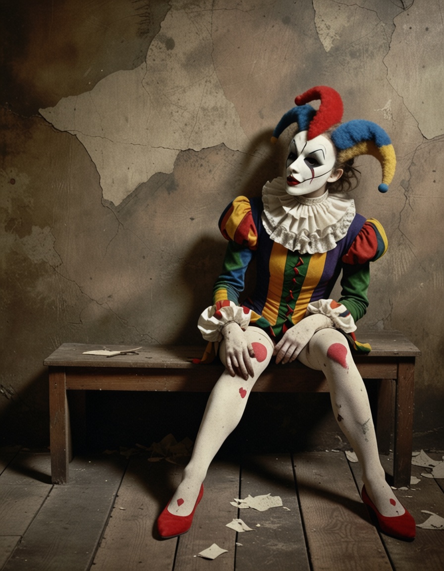 ehsaudek,  1girl in harlequin costume with cracked mask,  sitting on wooden floor on Tensor.Art