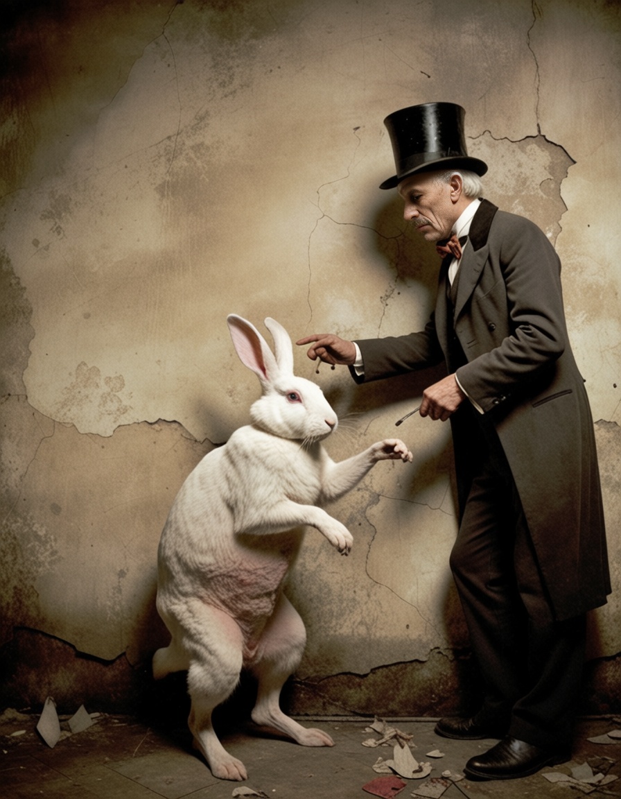 ehsaudek,  old magician in top hat pulling white rabbit from hat,  decayed theater background on Tensor.Art