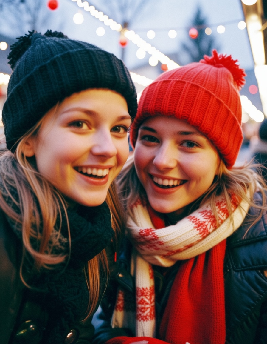 ehdigitalcamera,  girl laughing with friends at christmas market,  wool hat and scarf on Tensor.Art