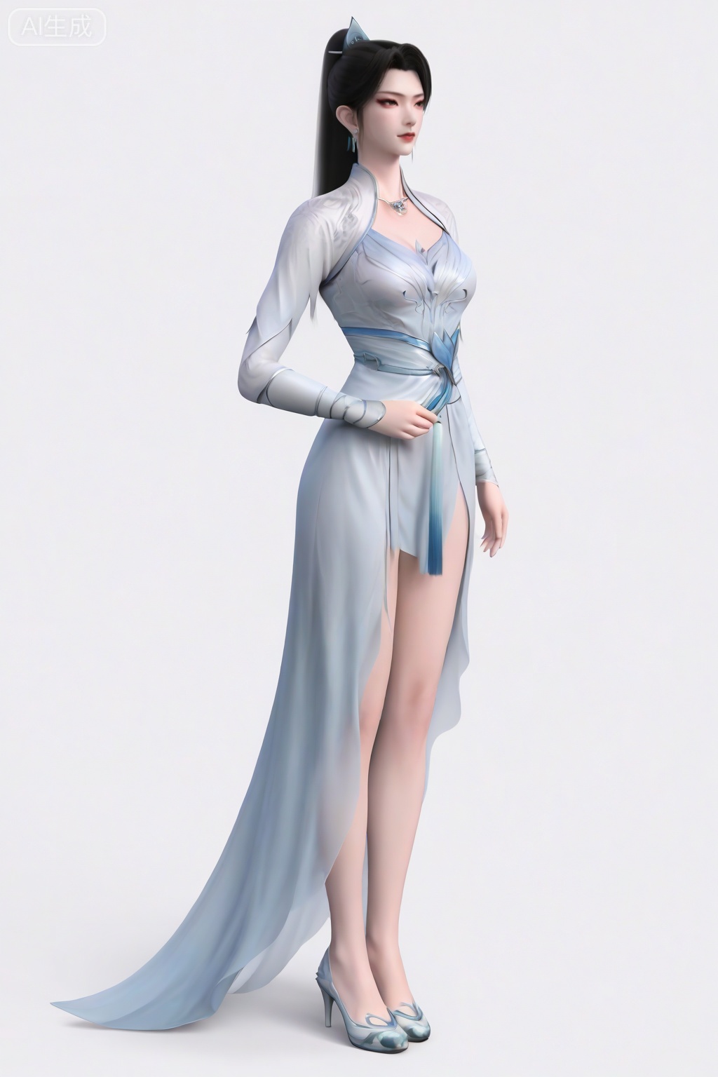 score_9_up,QingXianZi,1girl, solo, long hair, simple background, black hair, white background, dress, jewelry, standing, full body, earrings, necklace, white dress, bare legs, chinese clothes