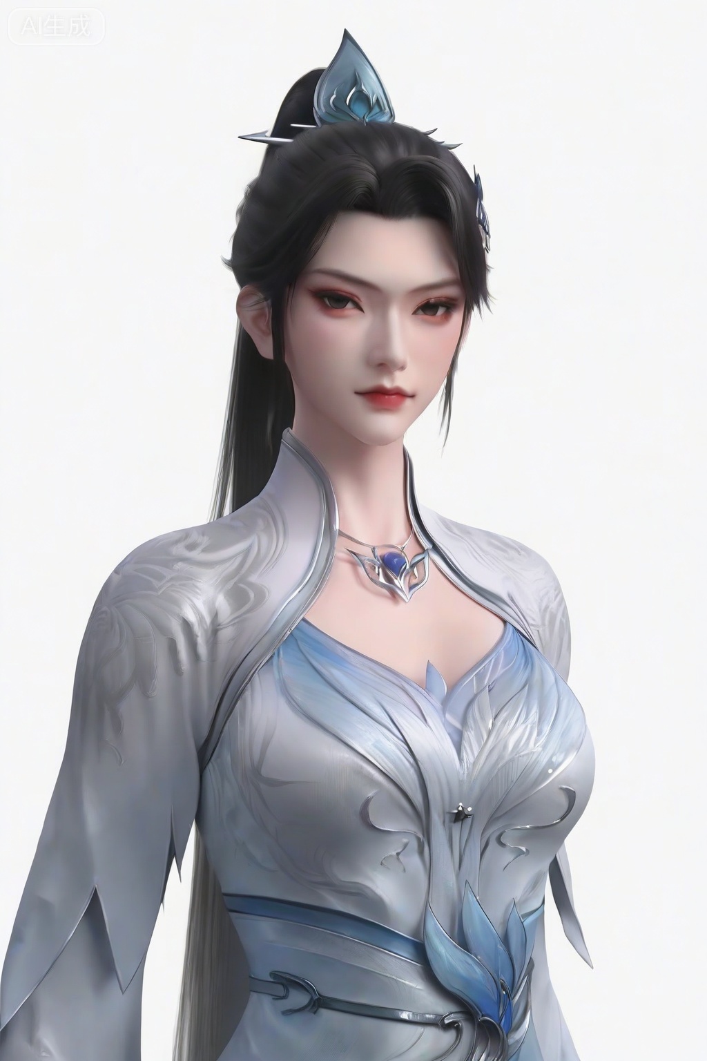 score_9_up,QingXianZi,1girl, solo, long hair, looking at viewer, simple background, black hair, hair ornament, white background, dress, jewelry, closed mouth, upper body, ponytail, necklace, white dress, chinese clothes