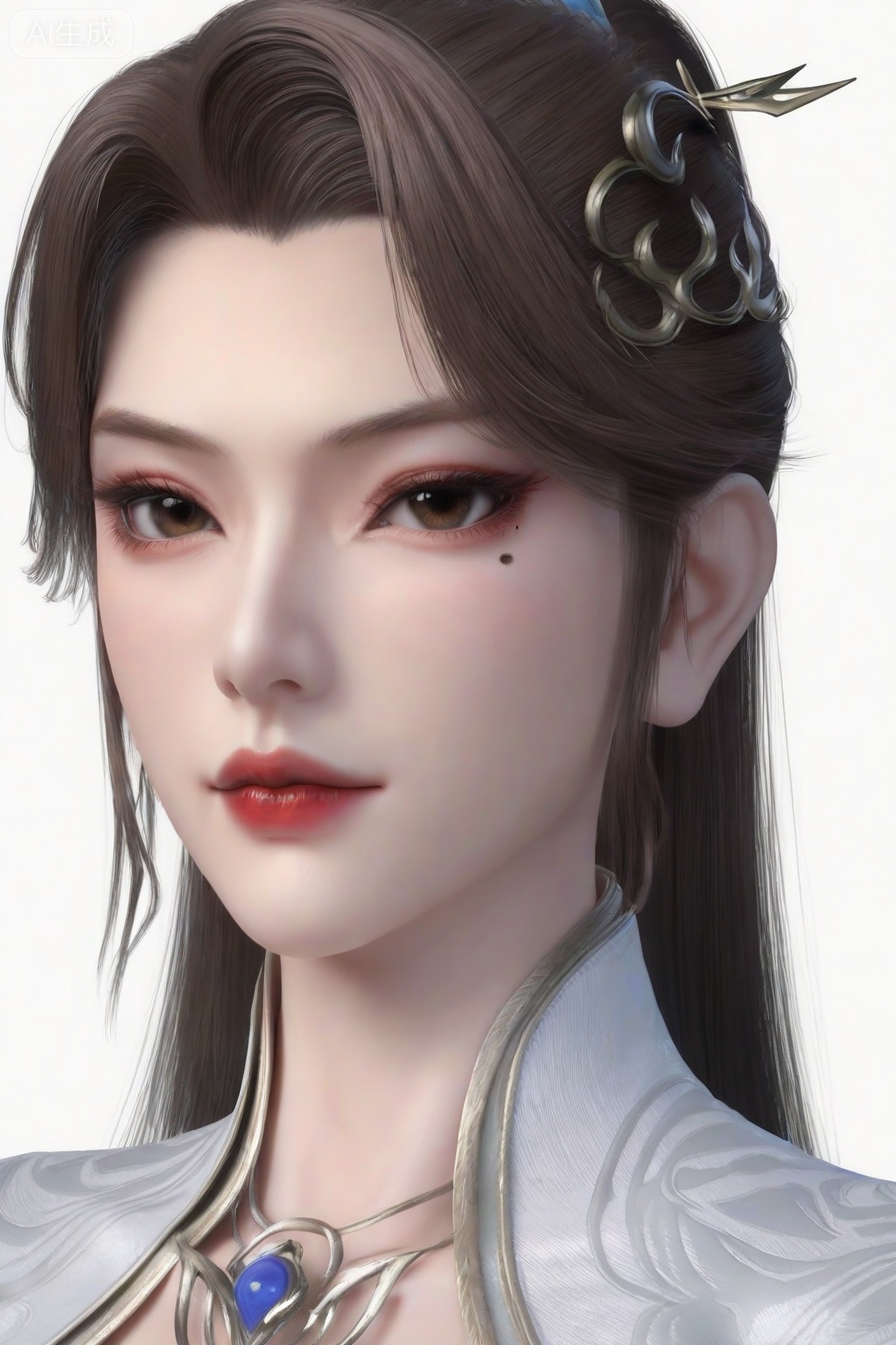 score_9_up,QingXianZi,1girl, solo, long hair, looking at viewer, simple background, brown hair, hair ornament, white background, brown eyes, jewelry, closed mouth, necklace, mole, mole under eye, makeup, portrait, red lips