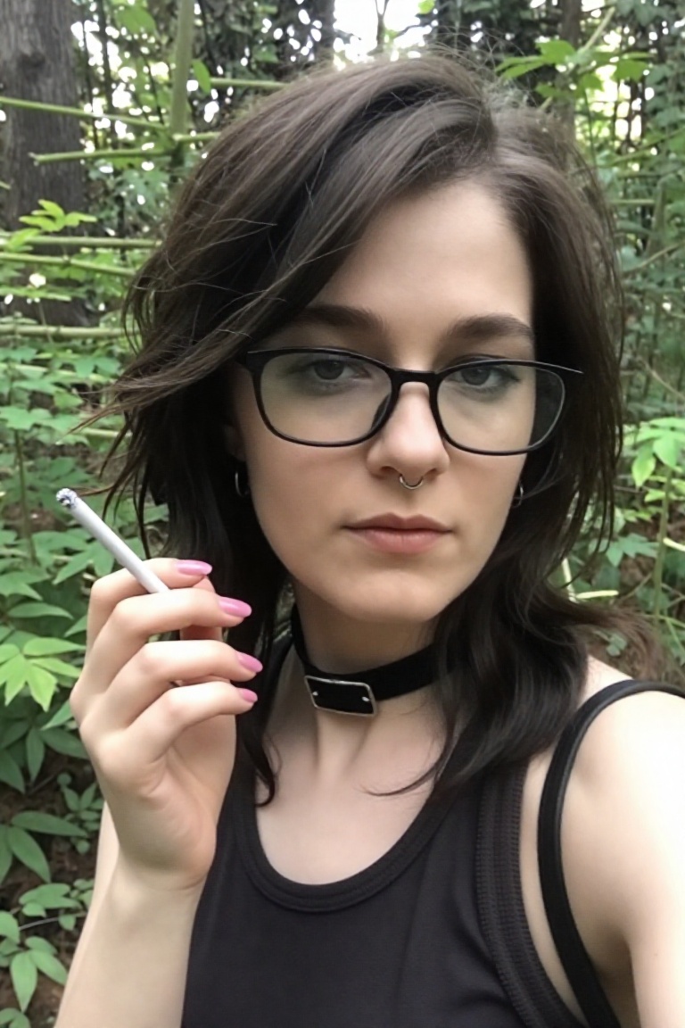 a young woman with choppy dark hair,  glasses,  and a nose ring holds a cigarette while standing in a forest. She wears a...